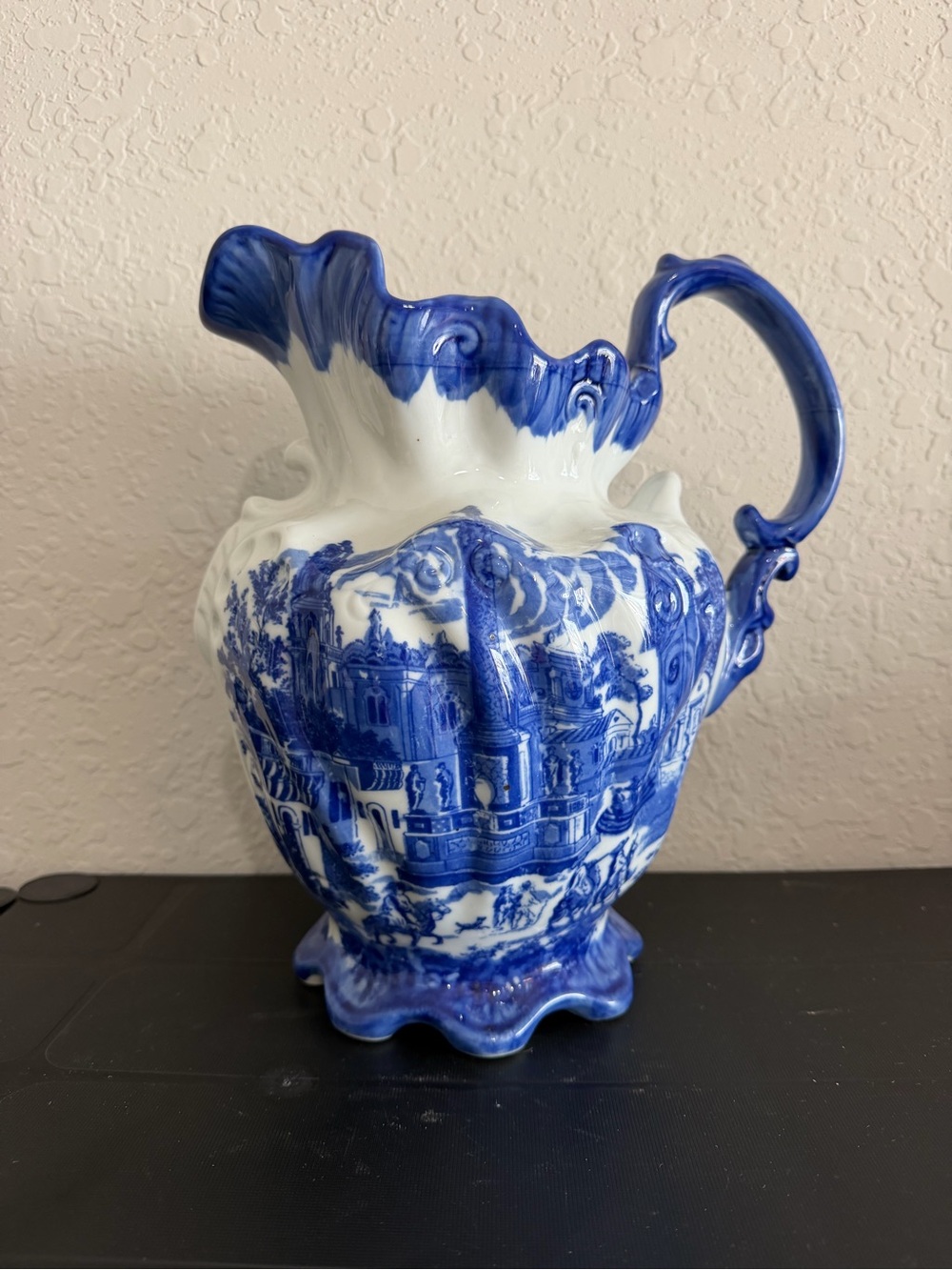 Victoria Ware Ironstone Blue & White Transferware Pitcher Castle Landmark Scene